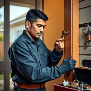 A skilled locksmith working intently on a door lock with tools in hand, surrounded by a toolbox and various locks, emphasizing security and professionalism.